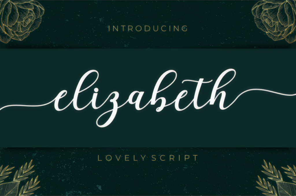 Elizabeth lovely script font preview with smooth white calligraphy lettering on a dark green decorative background.