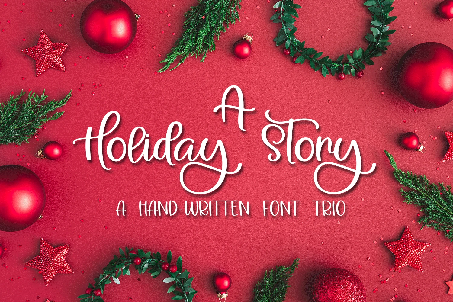 A Holiday Story Font preview showing flowing white handwritten script and narrow uppercase companion lettering