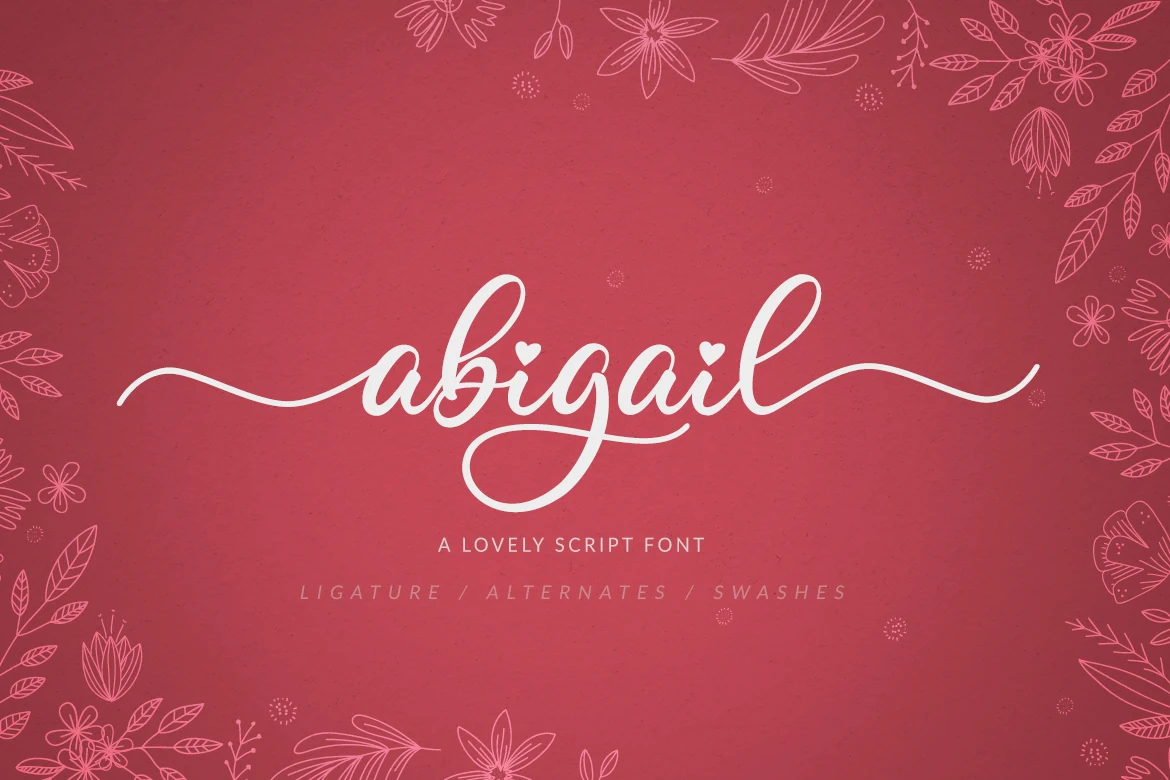 Abigail Font preview with white cursive script, heart ornaments, and long swashes