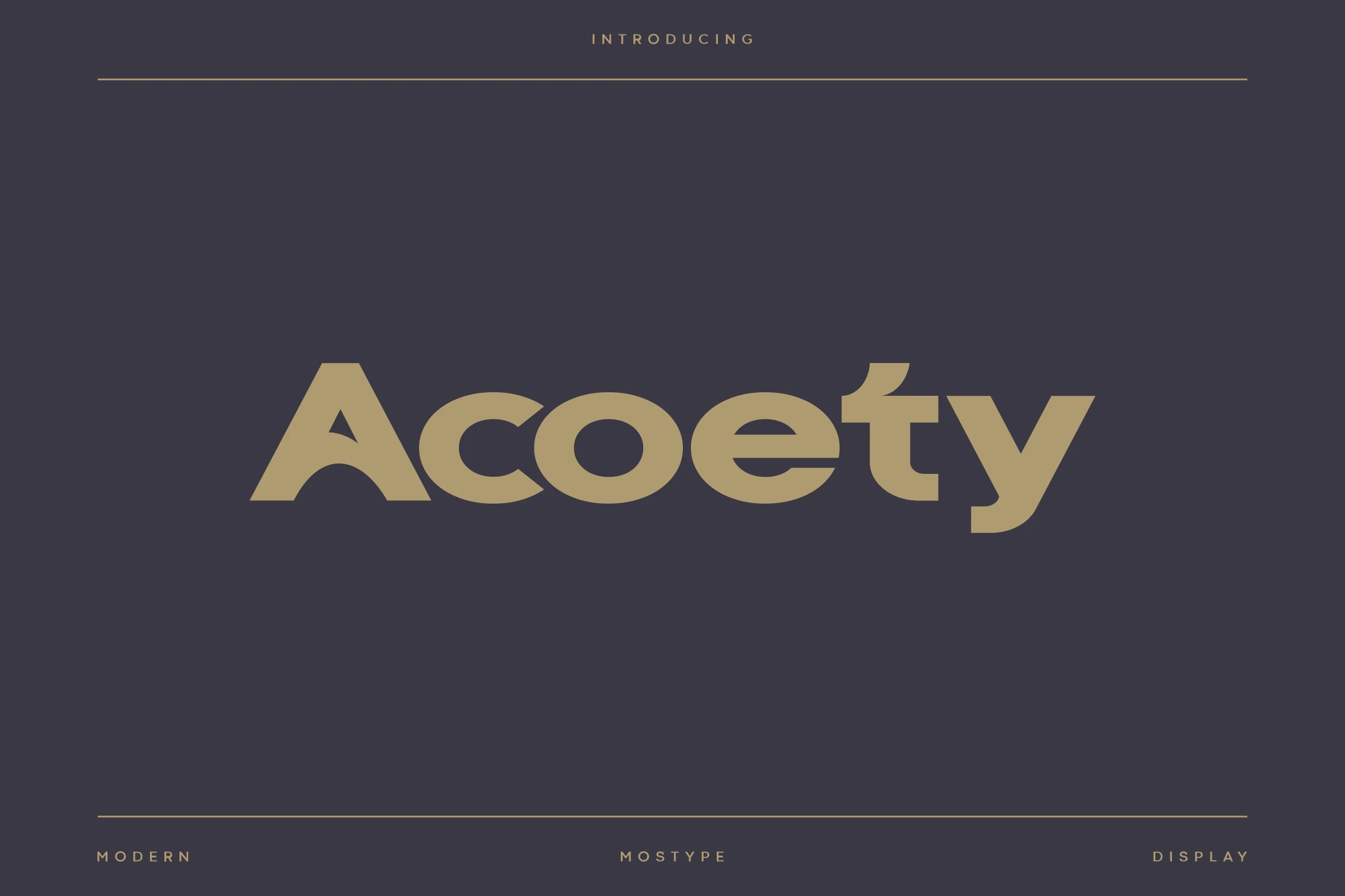 Acoety Font preview with bold geometric sans serif lettering in muted gold