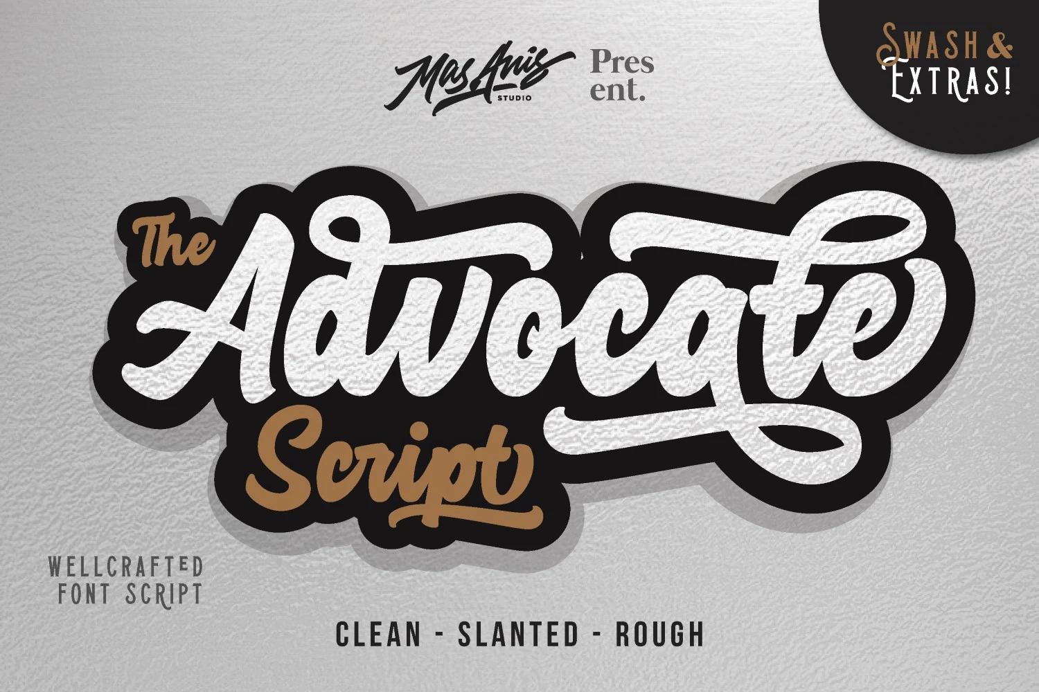 Advocate Script Font preview with bold white script lettering, black outline, and brown accent script