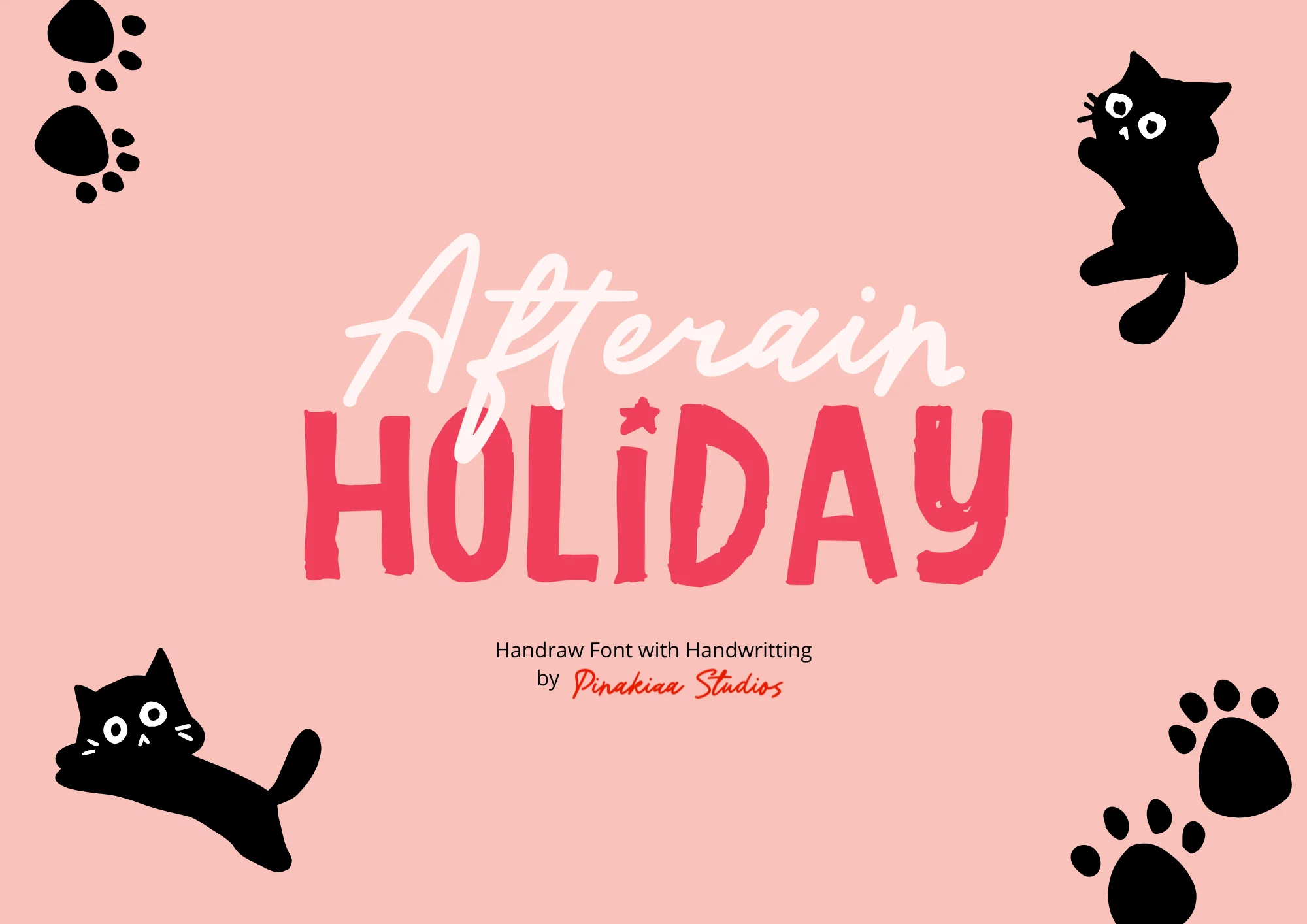 Afterain Holiday Font preview with white script, coral hand-drawn display lettering, and black cat illustrations