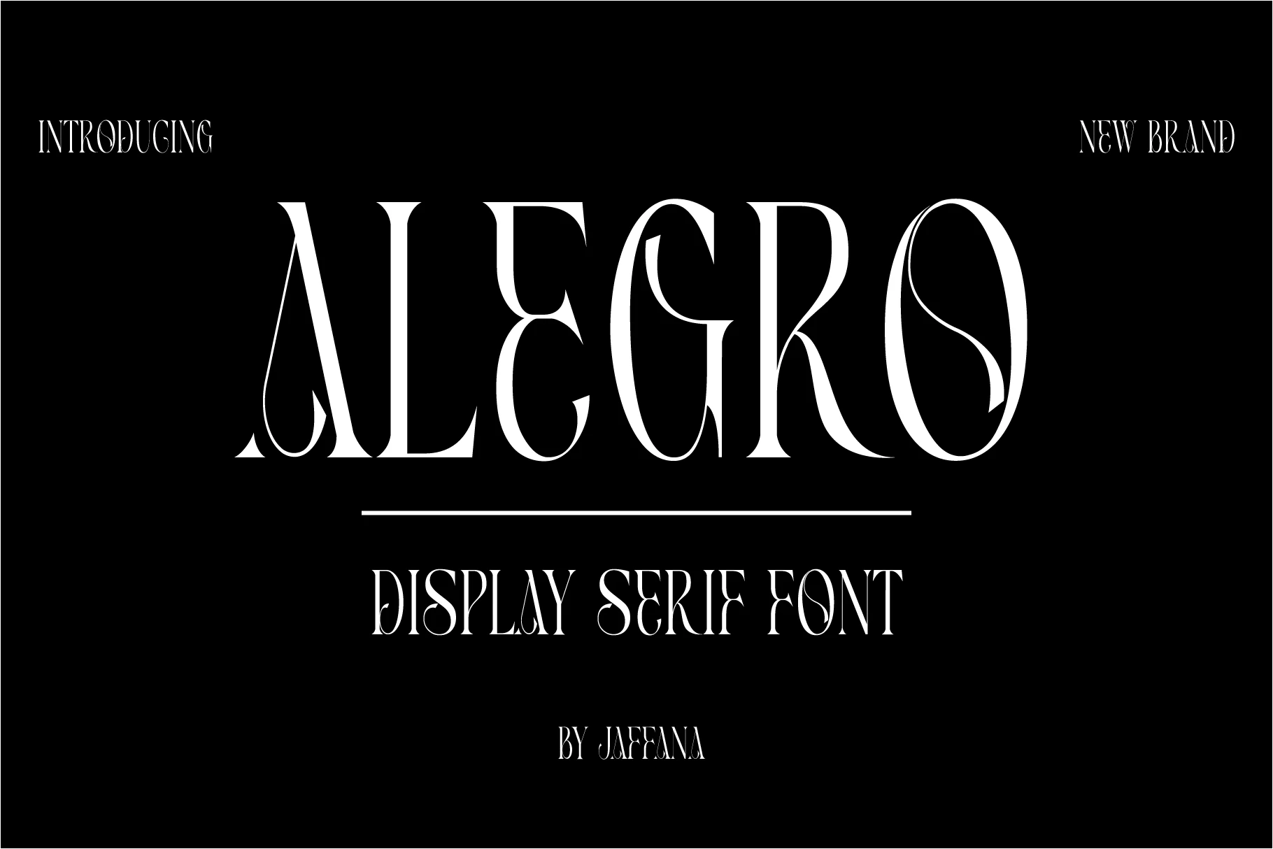 Alegro Font preview with tall high-contrast display serif letters on a black background