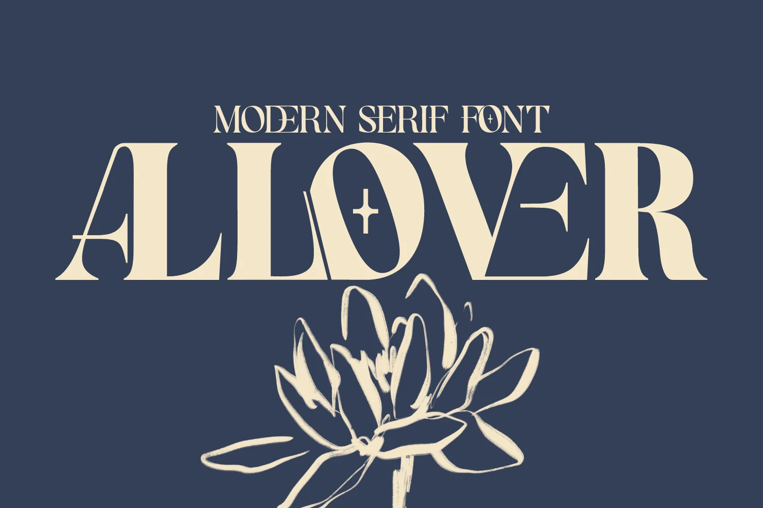 Allover Modern Font preview with bold cream serif lettering, decorative cut-in details, and floral line art