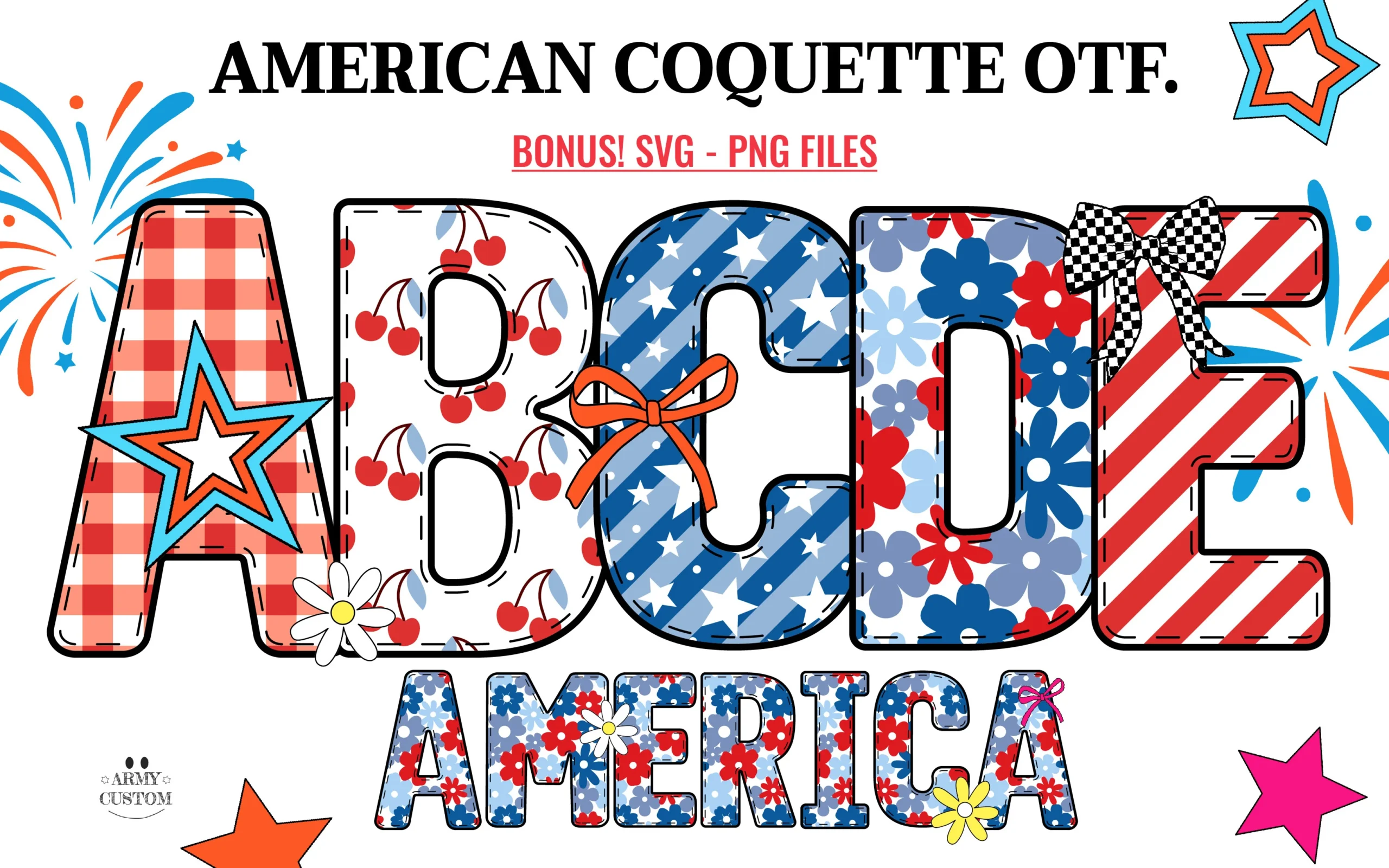 American Coquette Font preview with patriotic red, white, and blue letters, stars, cherries, flowers, and bow accents