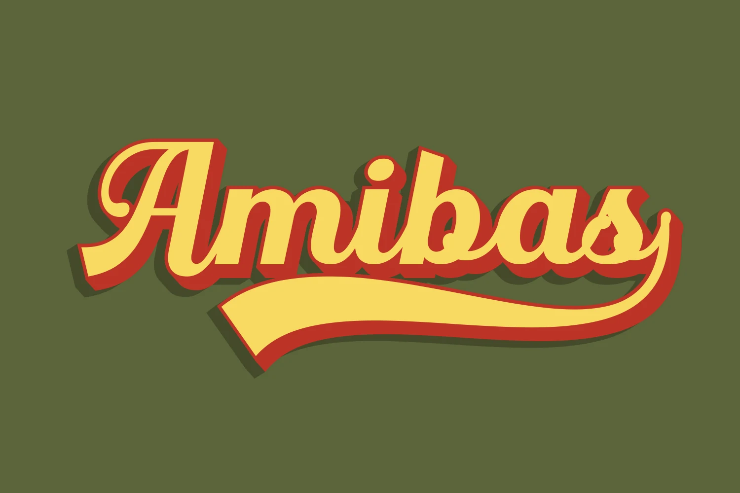 Amibas Font preview with yellow retro script lettering, red shadow, and a long baseball-style swash
