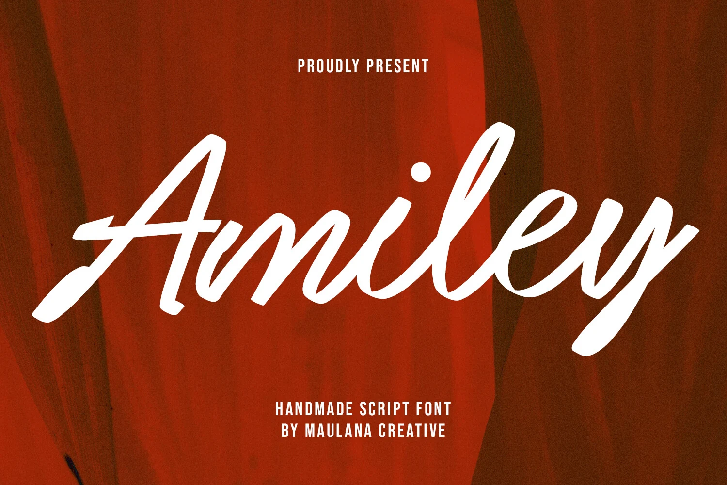 Amiley Font preview with white handmade script lettering, broad strokes, and a flowing connected shape