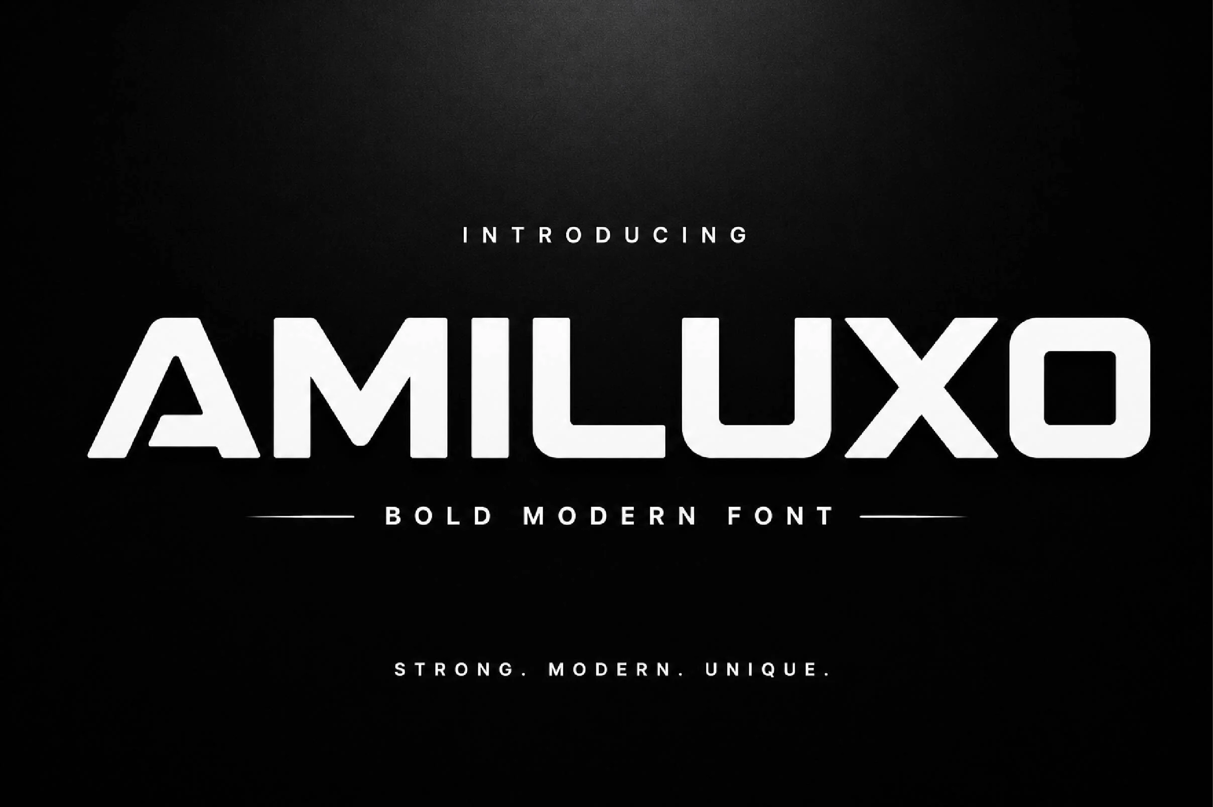Amiluxo Font preview with bold geometric sans lettering and squared white letterforms