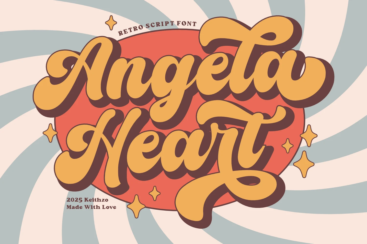 Angela Heart Font preview with chunky retro script lettering, rounded swashes, and bold flowing strokes