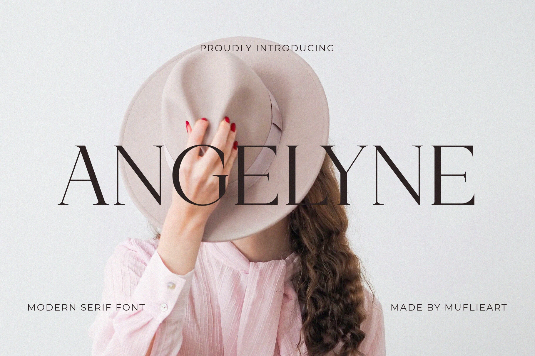 Angelyne Font preview with wide modern serif lettering, thin hairlines, and sharp serifs
