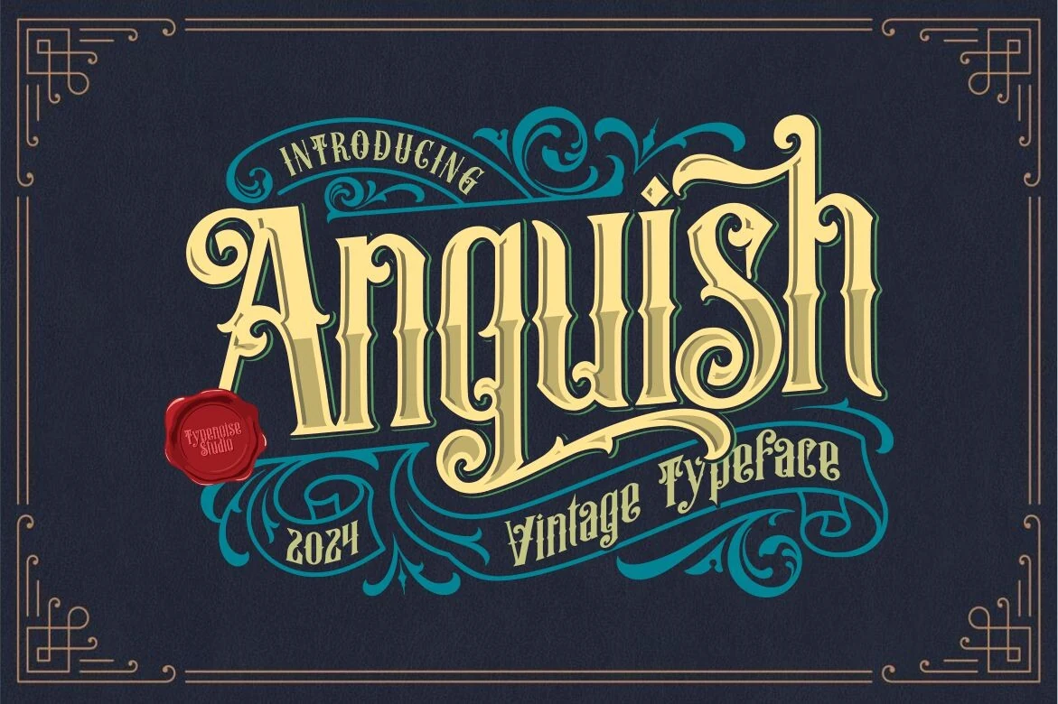 Anguish Font vintage typeface preview with tall ornate lettering, blackletter-inspired details, and decorative flourishes