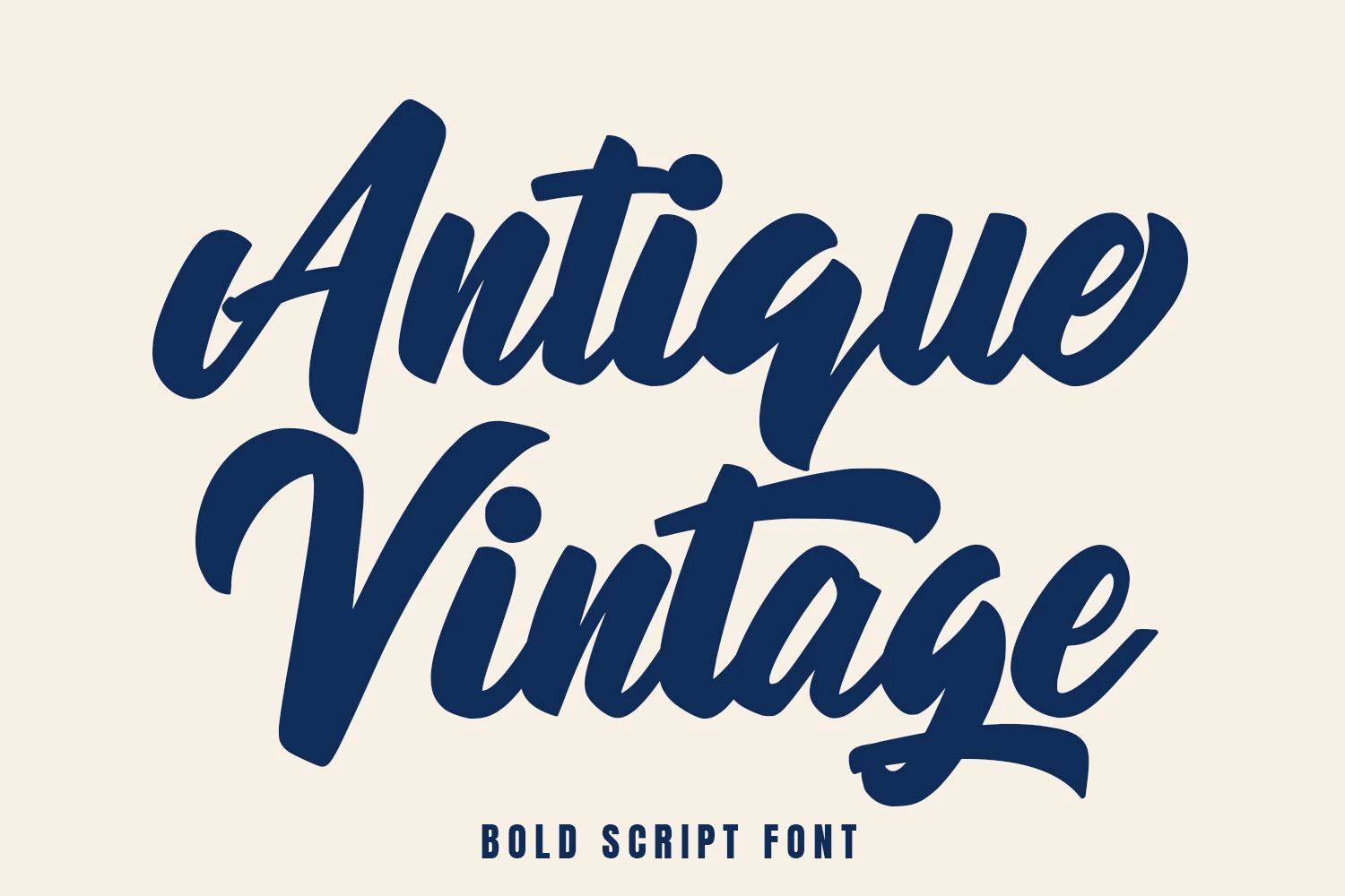 Antique Vintage Font preview with dark blue bold brush script lettering and connected vintage strokes