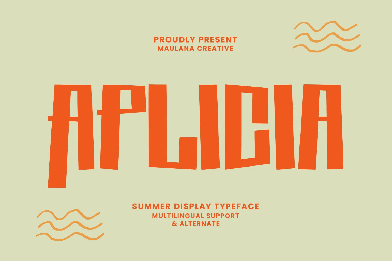 Aplicia Summer Font preview with tall angular orange display letters and narrow cutout counters