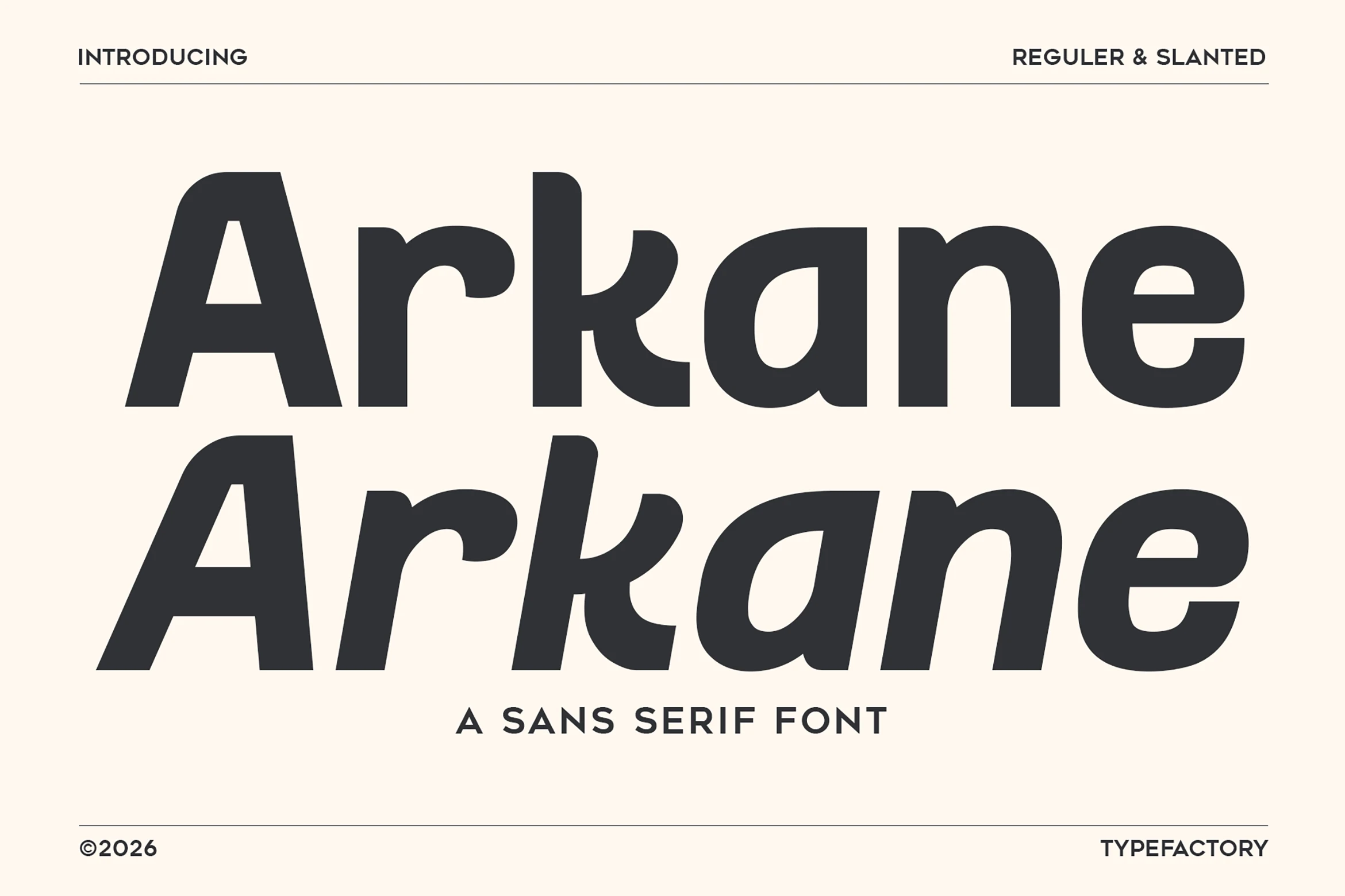 Arkane Font preview with bold geometric sans serif lettering in regular and slanted styles