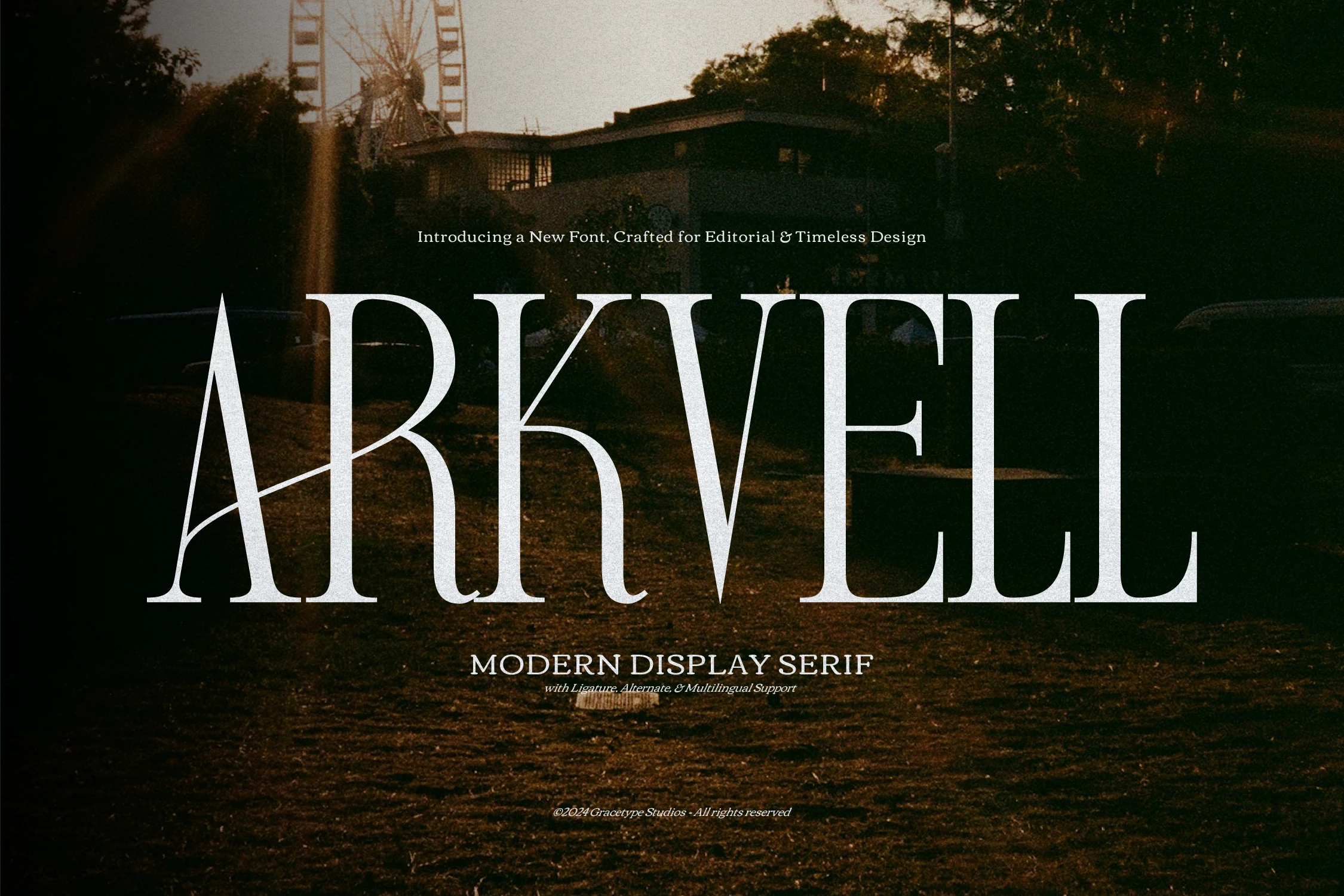 Arkvell Font preview with tall high-contrast serif lettering for editorial branding