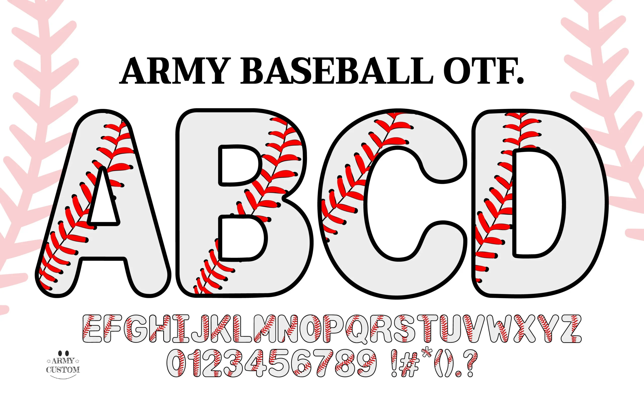 Army Baseball Font preview with outlined block letters and red baseball stitching details