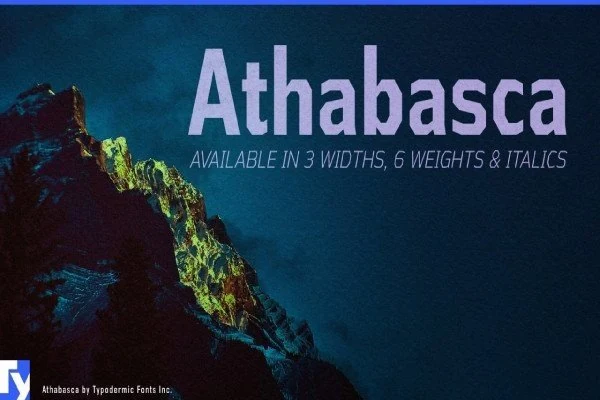 Athabasca Font preview with angular purple condensed sans serif lettering