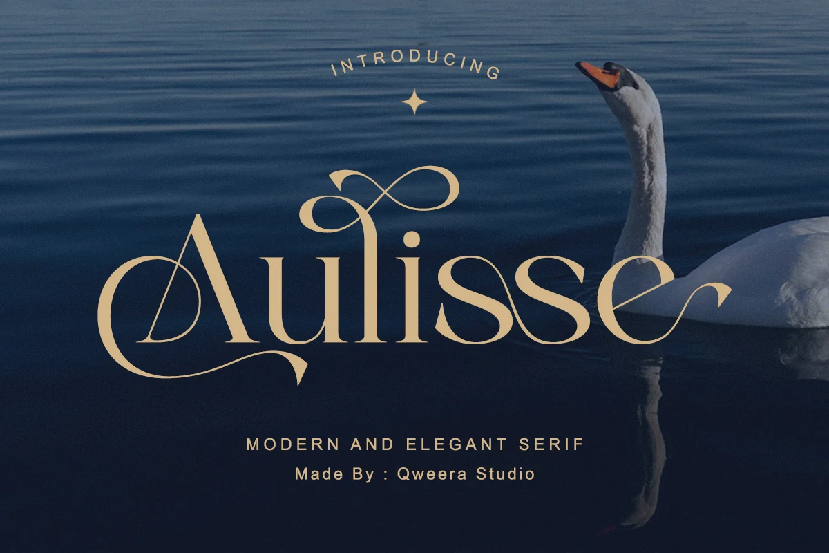 Aulisse Font preview with high-contrast serif lettering, elegant curves, and long ornamental flourishes for premium branding