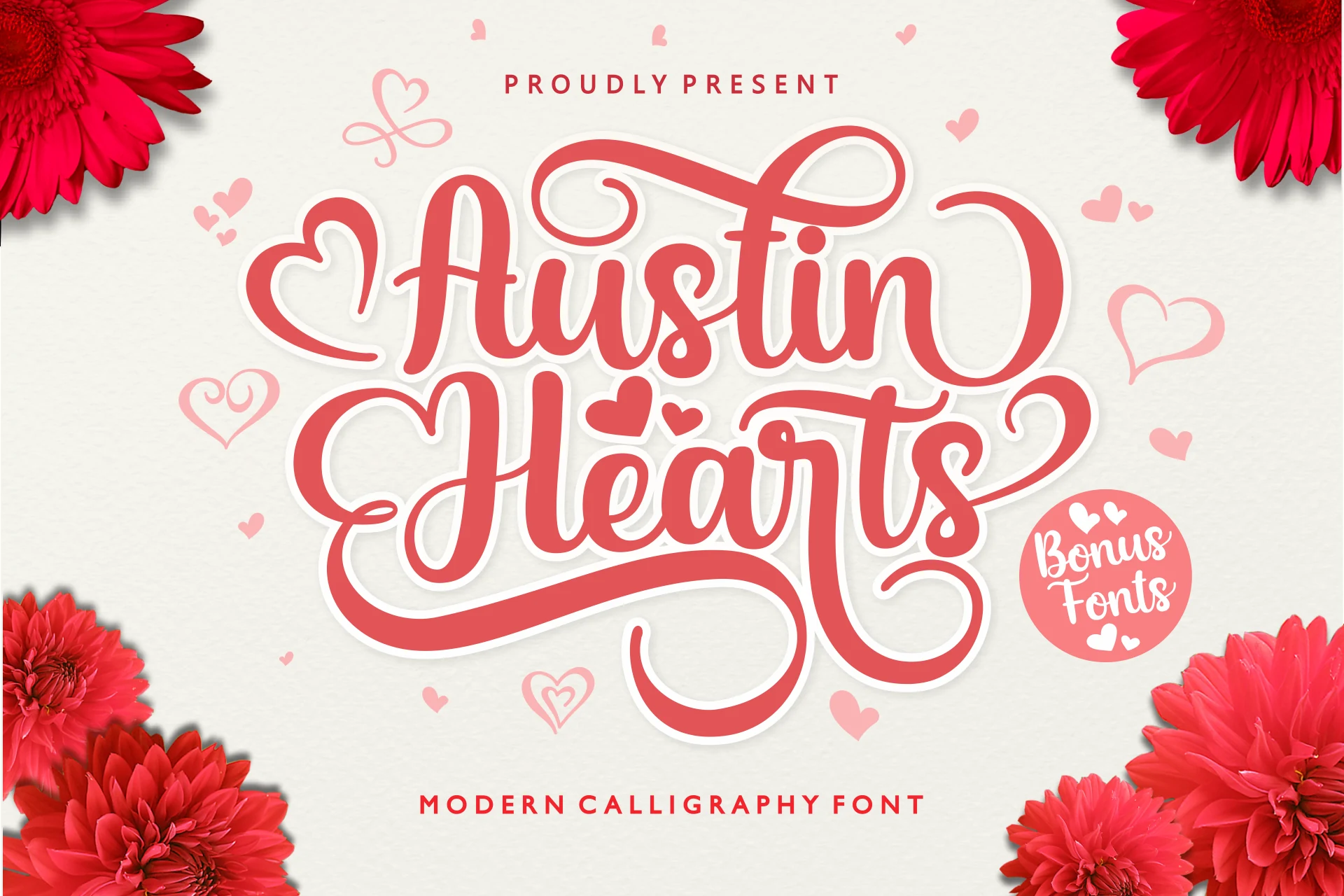 Austin Hearts Font preview with coral script lettering, thick swashes, and heart details