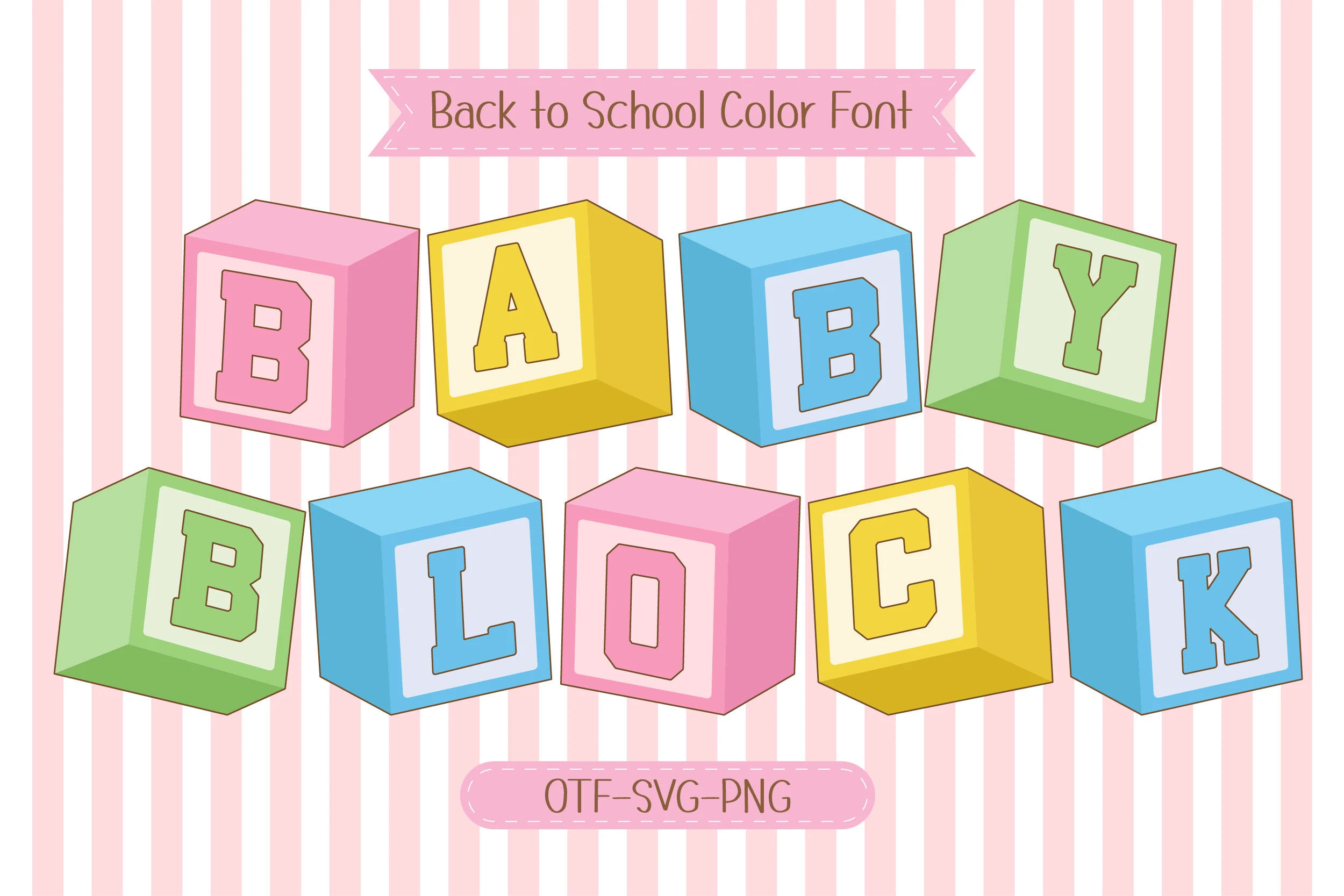 Baby Block Font preview with pastel toy-block letters in pink, yellow, blue, and green