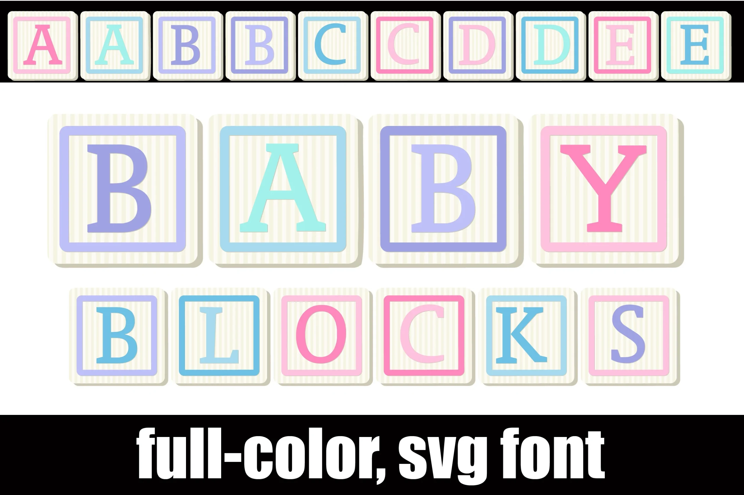 Baby Blocks Font preview with pastel wooden block letters in pink, blue, and lavender