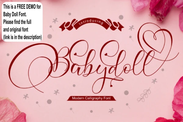 Babydoll Font preview with red romantic script, ornate swashes, and heart-shaped flourishes