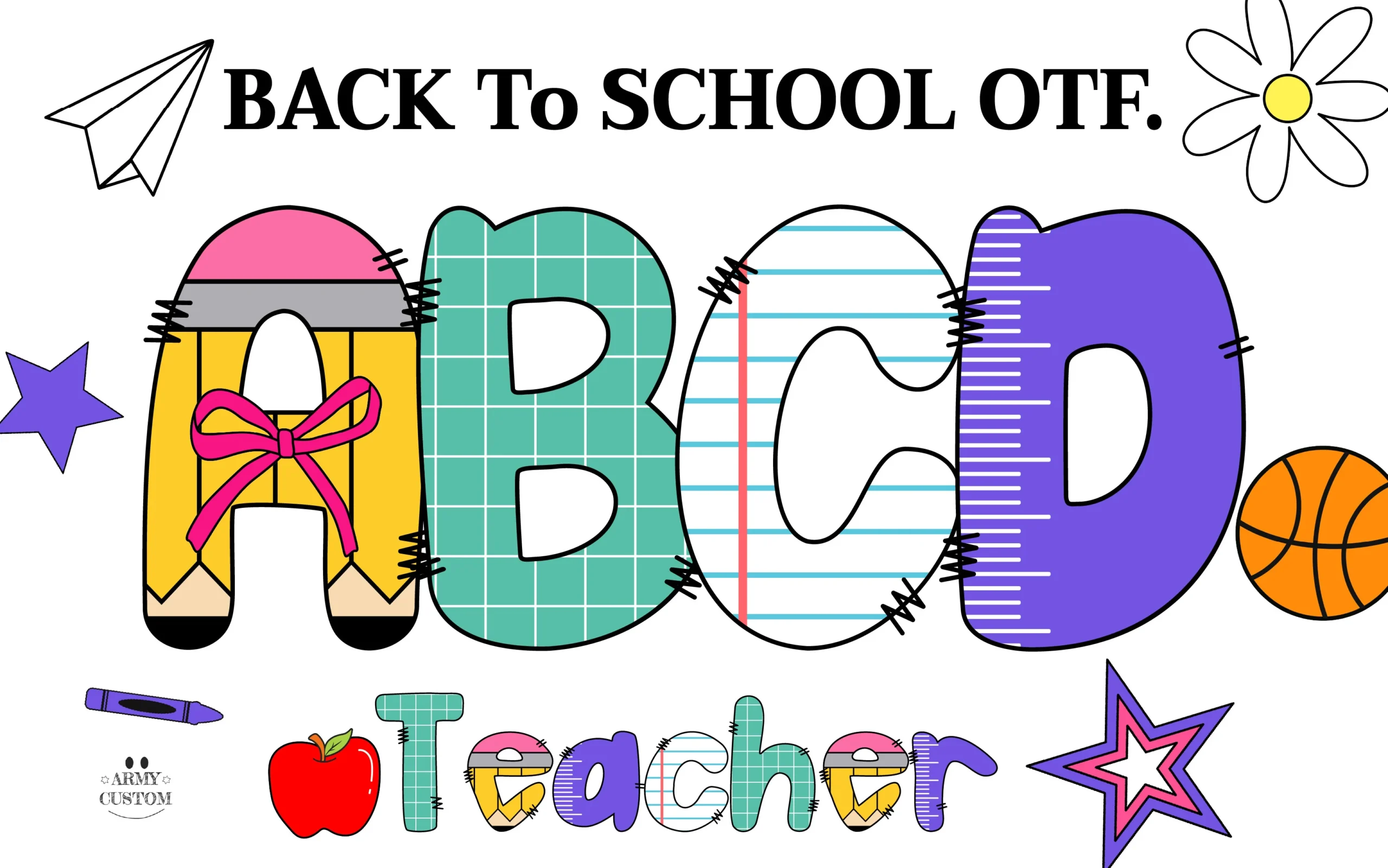 Back to School Army Font preview with colorful school-themed block letters and classroom patterns