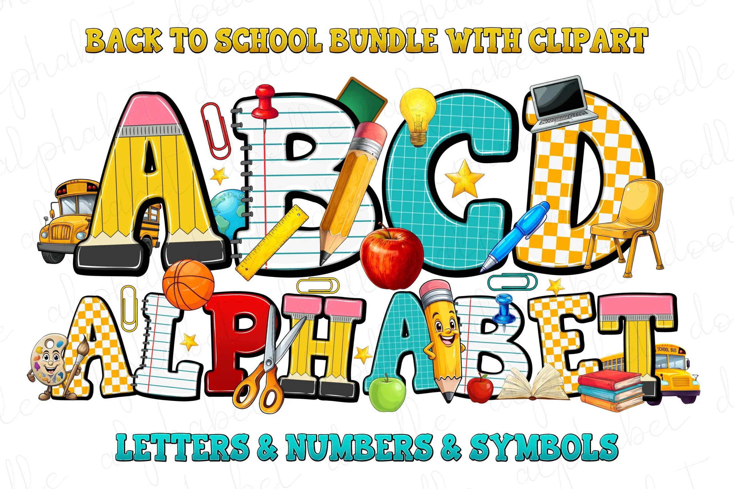Back to School Font preview with school-supply letters in pencil, notebook, grid, and ruler styles