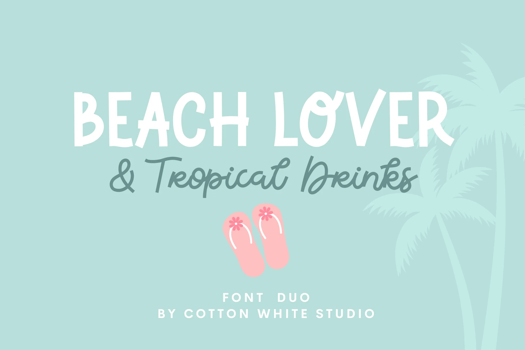 Beach Lover Tropical Drinks Duo Font preview with playful white block letters and flowing teal script