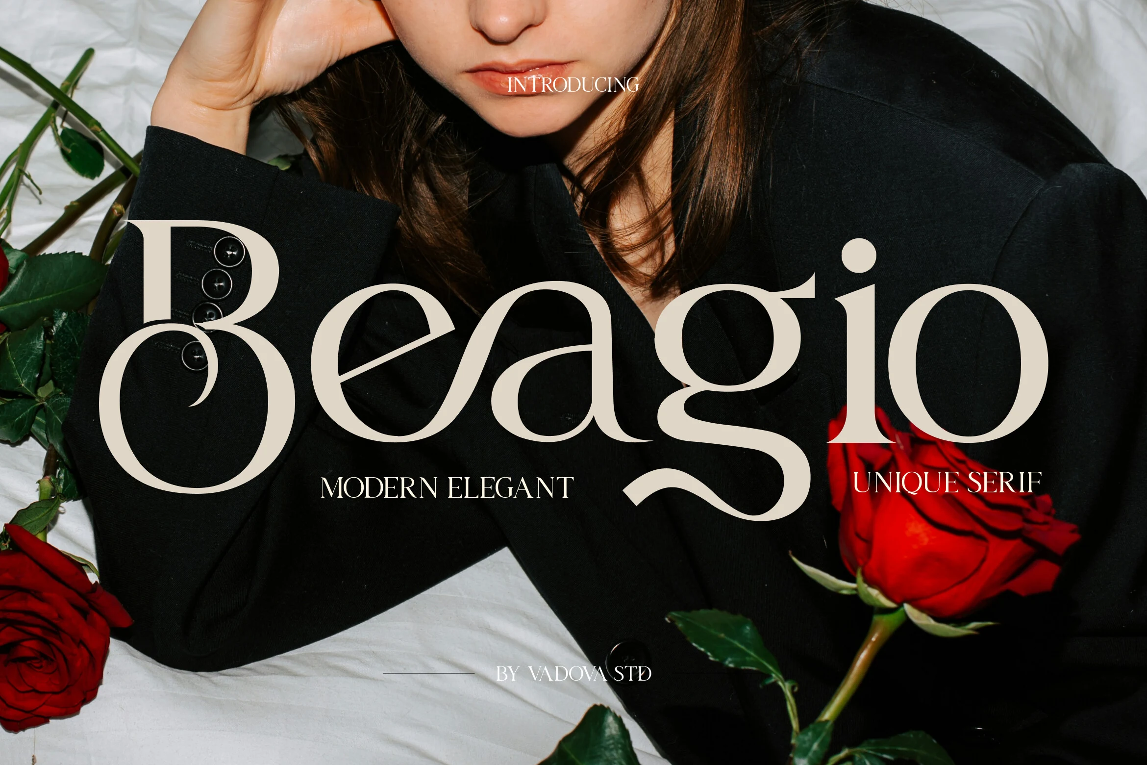 Beagio Font preview with modern elegant serif lettering, soft curves, and high-contrast strokes
