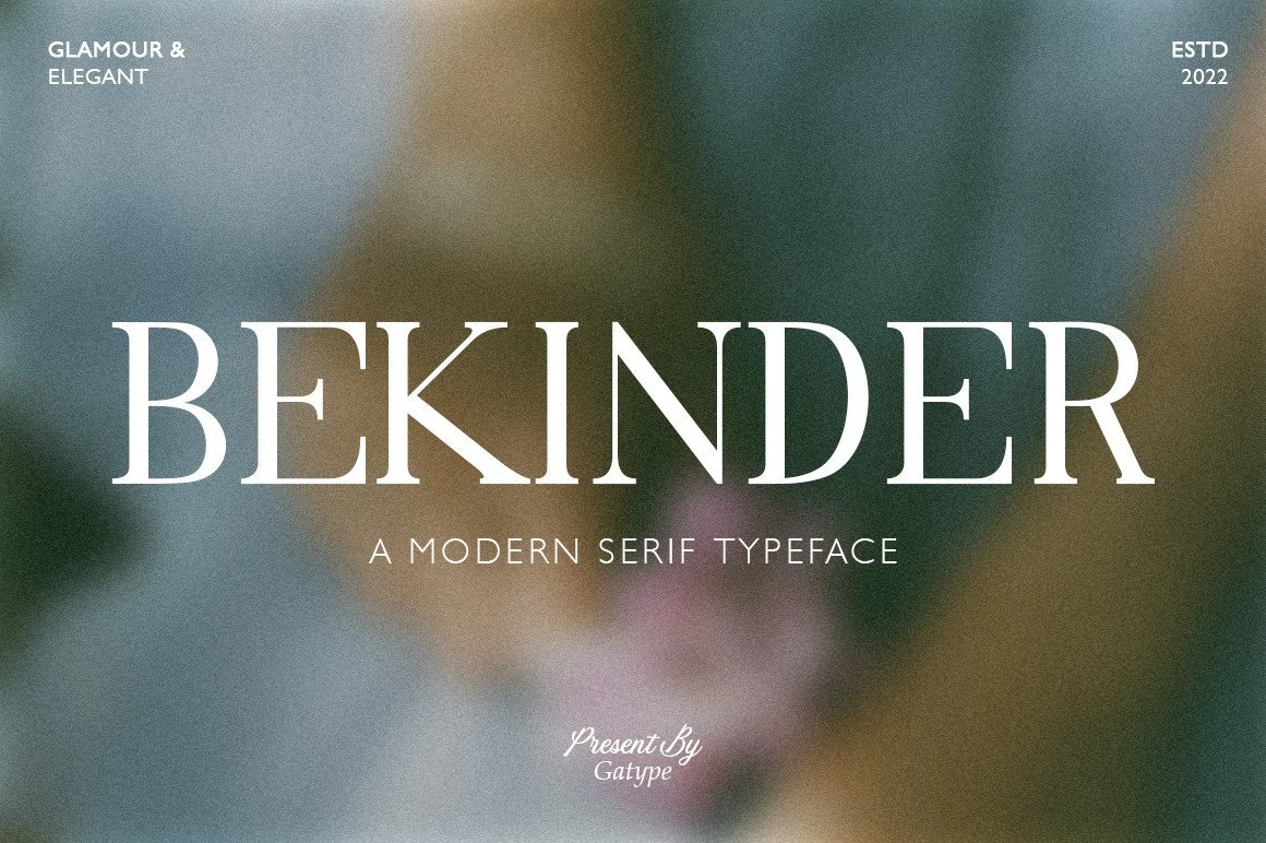 Bekinder Font preview with tall white modern serif lettering and fine high-contrast strokes