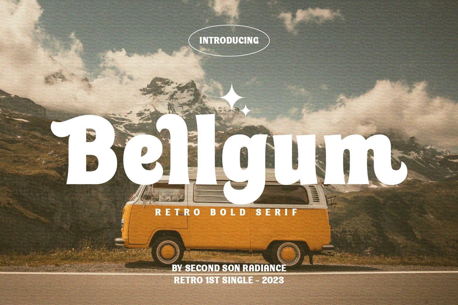 Bellgum Font preview with bold retro serif lettering, rounded terminals, and white vintage title text