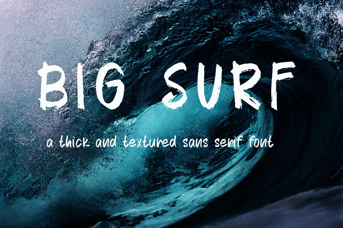 Big Surf Font preview with textured white brush lettering over a curling wave