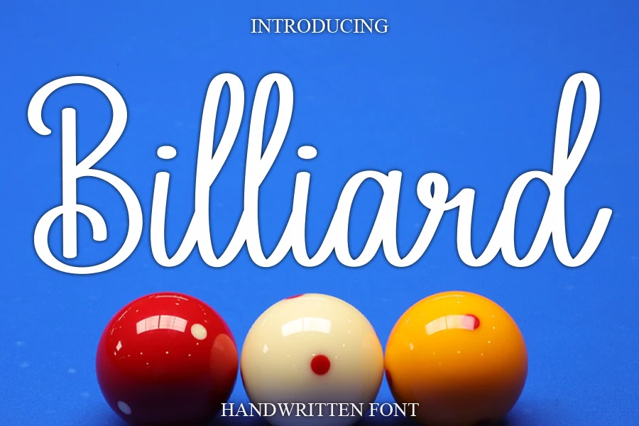 Billiard Font preview with white cursive handwritten lettering and tall looping strokes