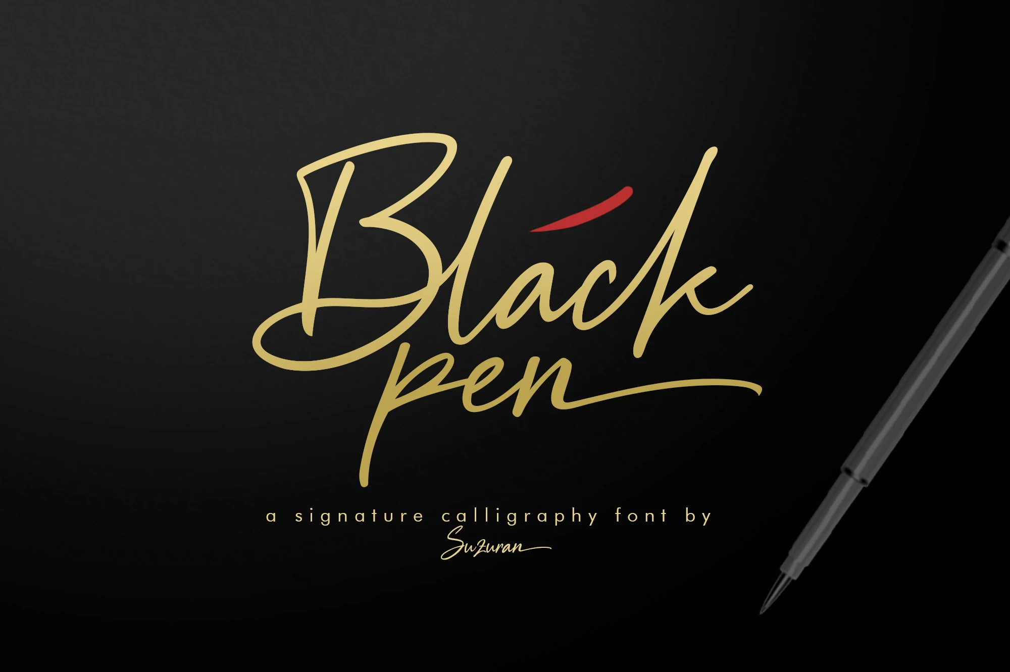 Black Pen Script Font preview with gold signature calligraphy, loose loops, and a long underline swash