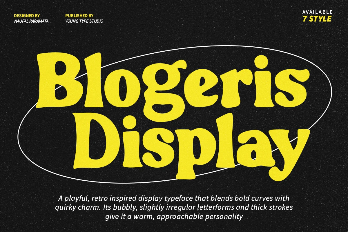 Blogeris Display Font preview with bold yellow bubbly retro lettering