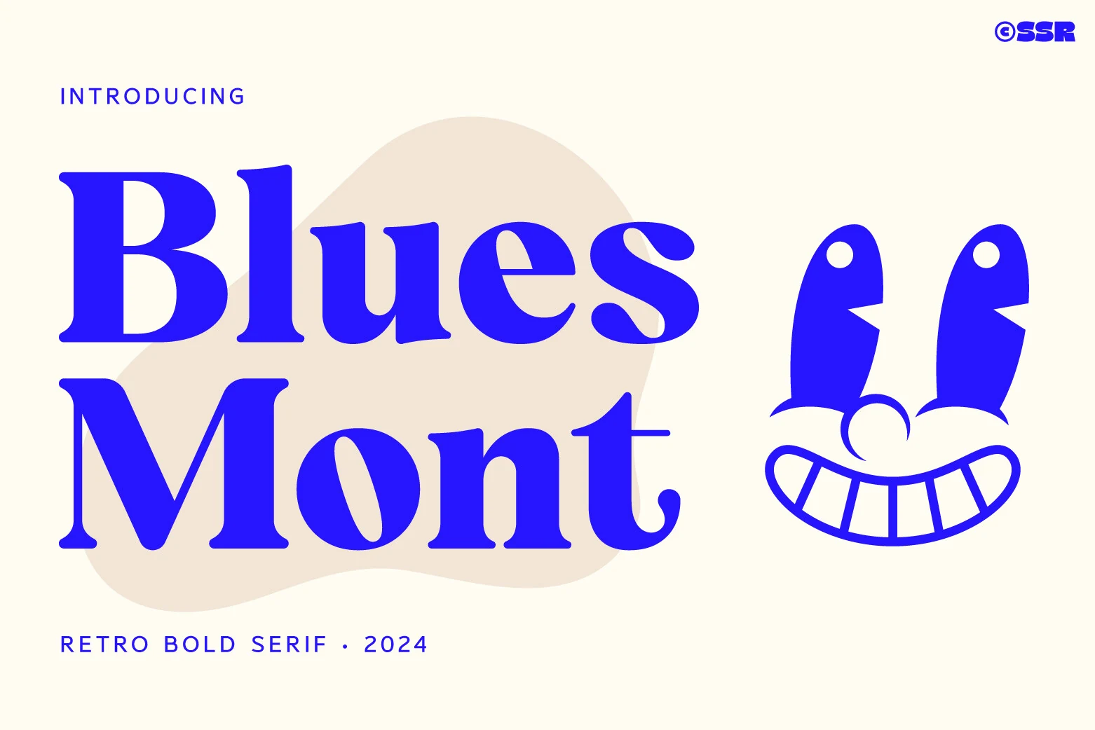 Bluesmont Font preview with bold blue retro serif lettering, rounded high-contrast forms, and minimalist styling