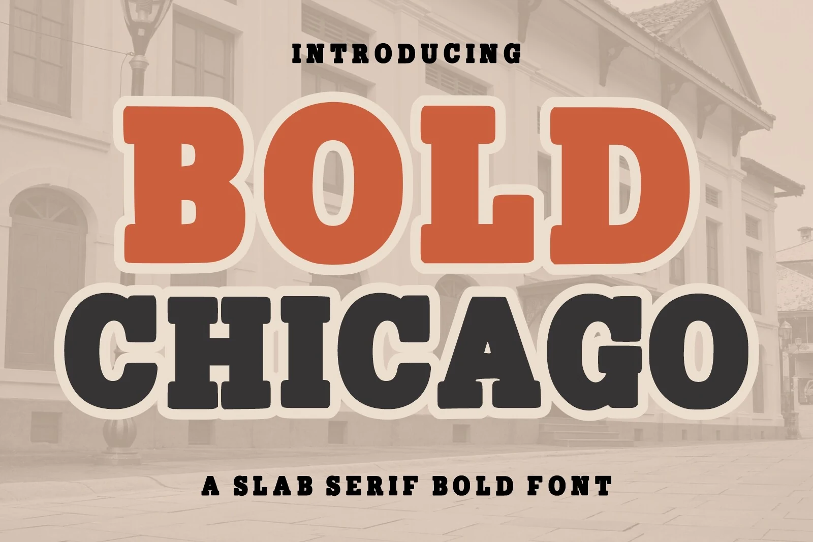 Bold Chicago Font preview with orange and black slab serif letters and cream outline