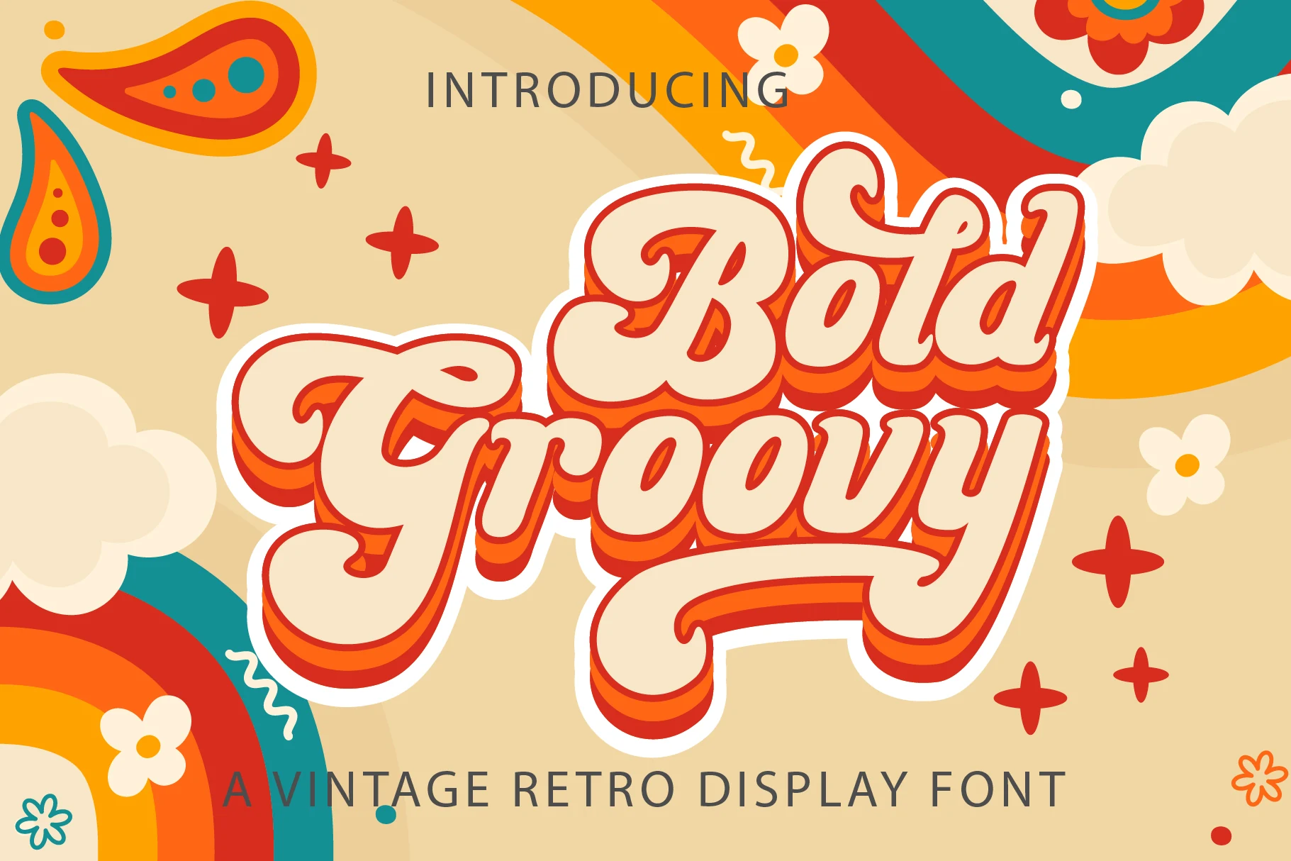 Bold Groovy Font preview with chunky retro script letters and orange shadow