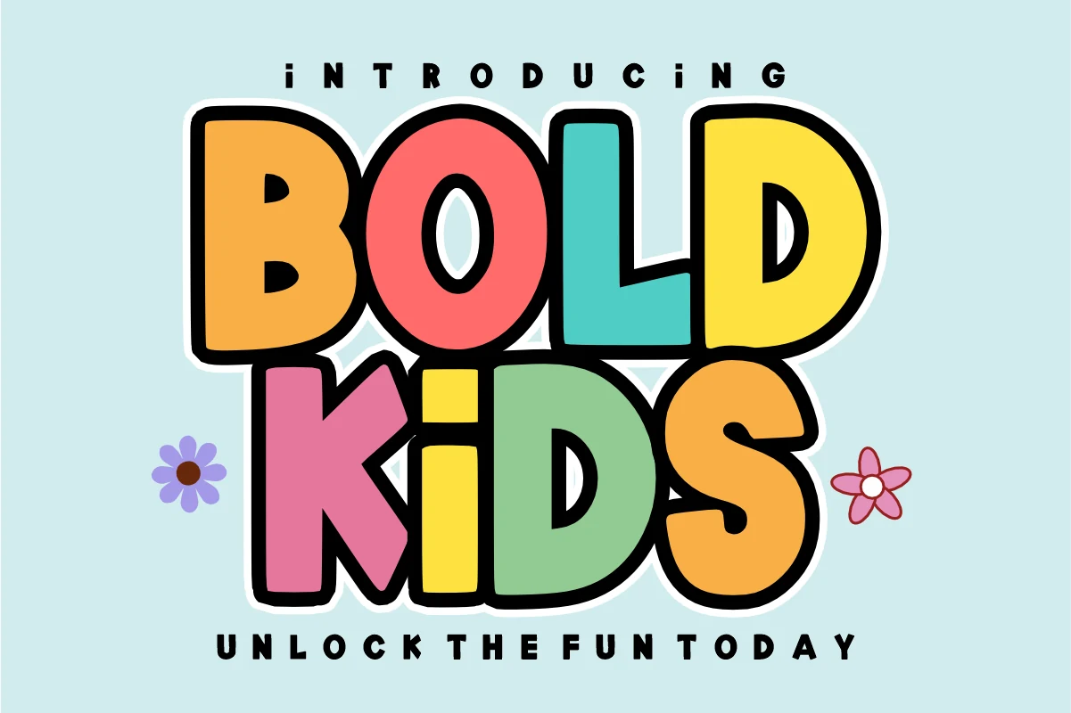 Bold Kids Font preview with colorful rounded display letters for children’s designs