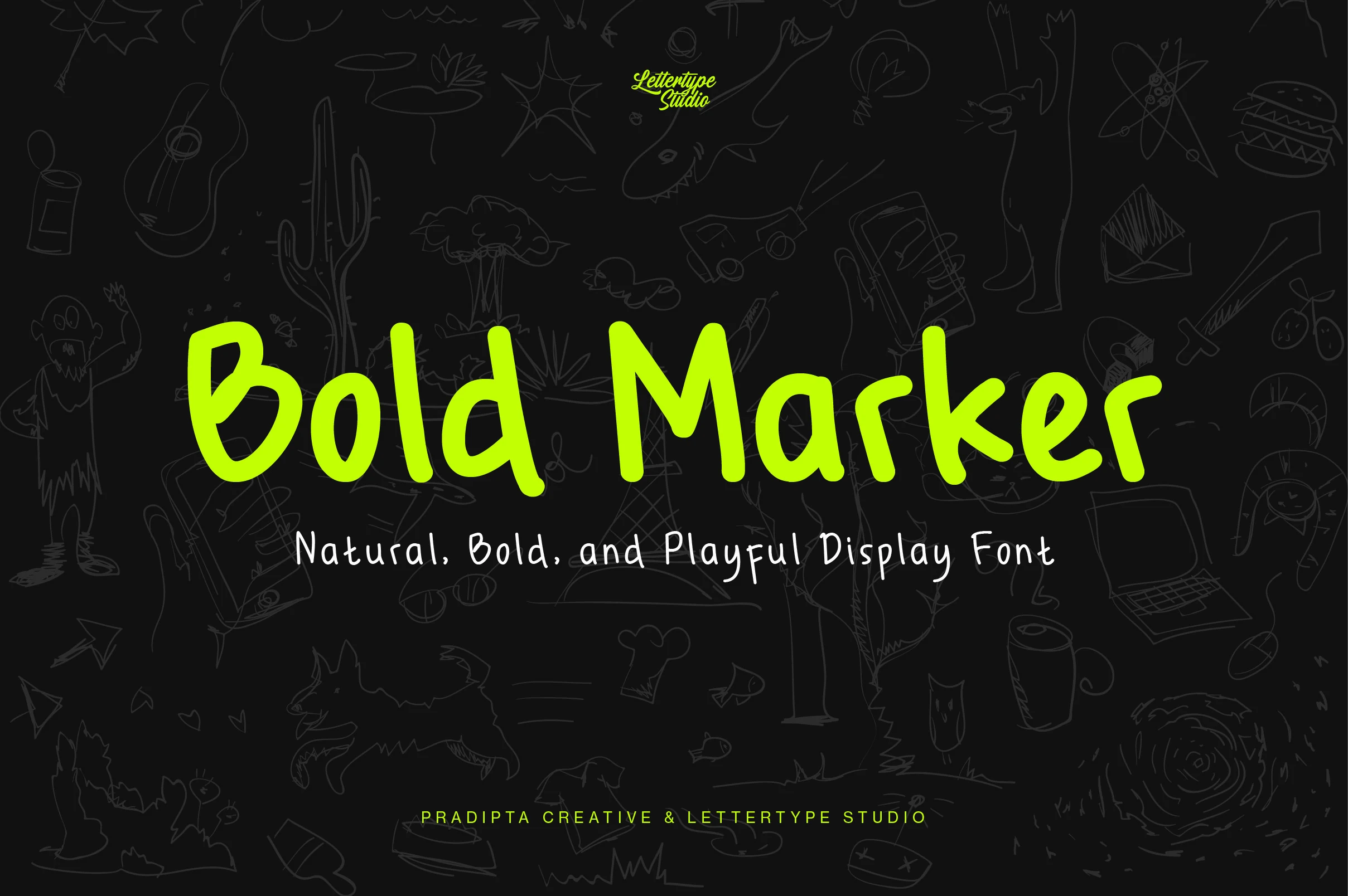 Bold Marker Font preview with lime green playful handwritten lettering on black
