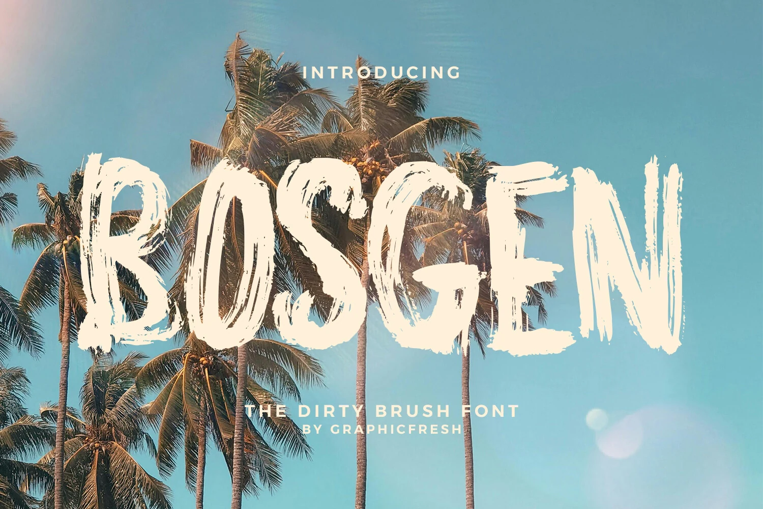Bosgen Font preview in rough white brush lettering over tropical palm trees