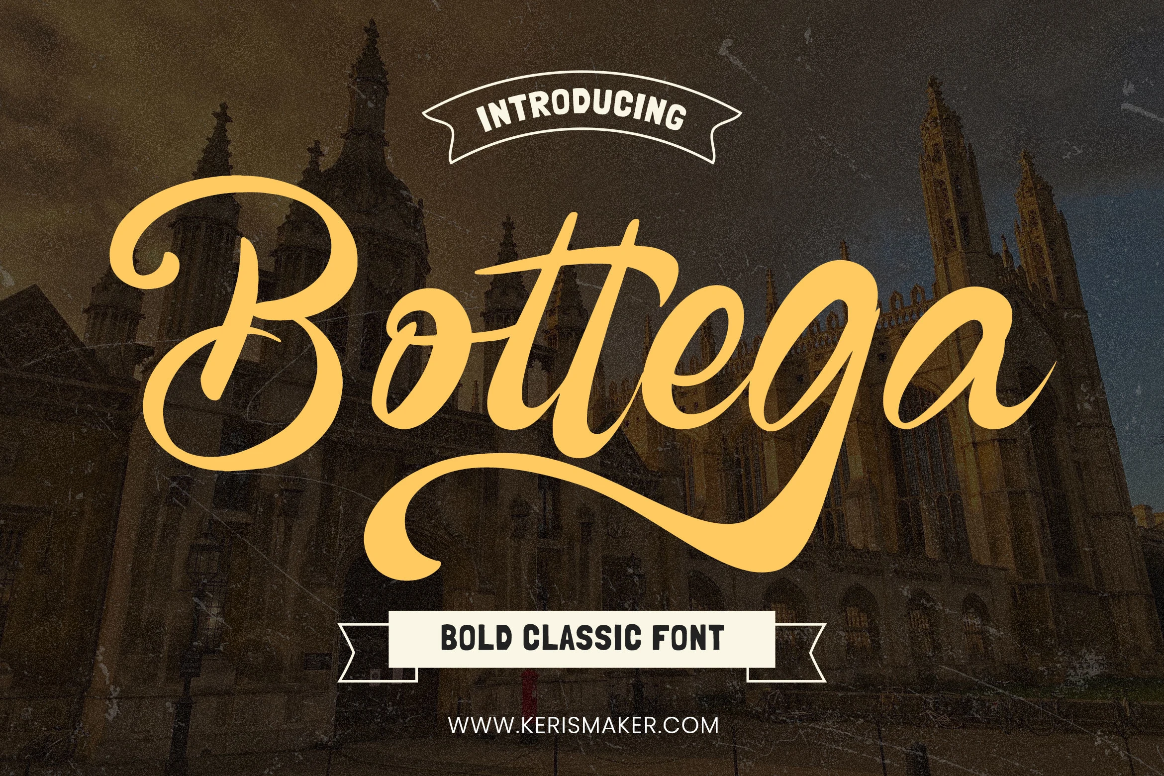 Bottega Font preview with golden classic script lettering, smooth curves, and a long underline swash