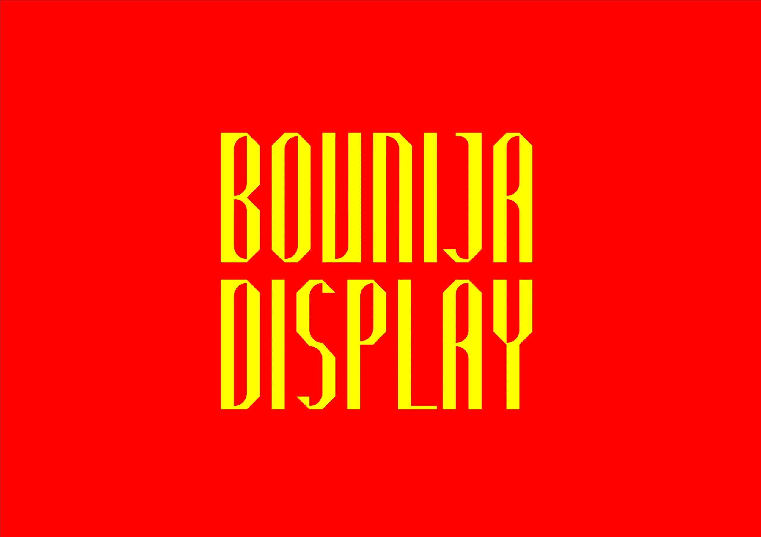 Bounija Display Font preview with tall condensed yellow angular display lettering