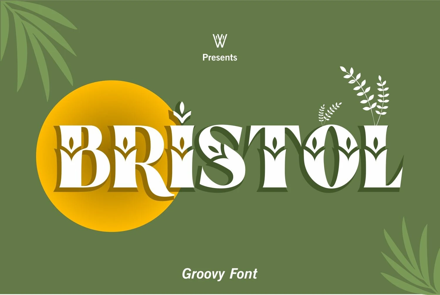 Bristol Font preview with bold white serif lettering, leaf-like cutout details, and groovy tropical styling