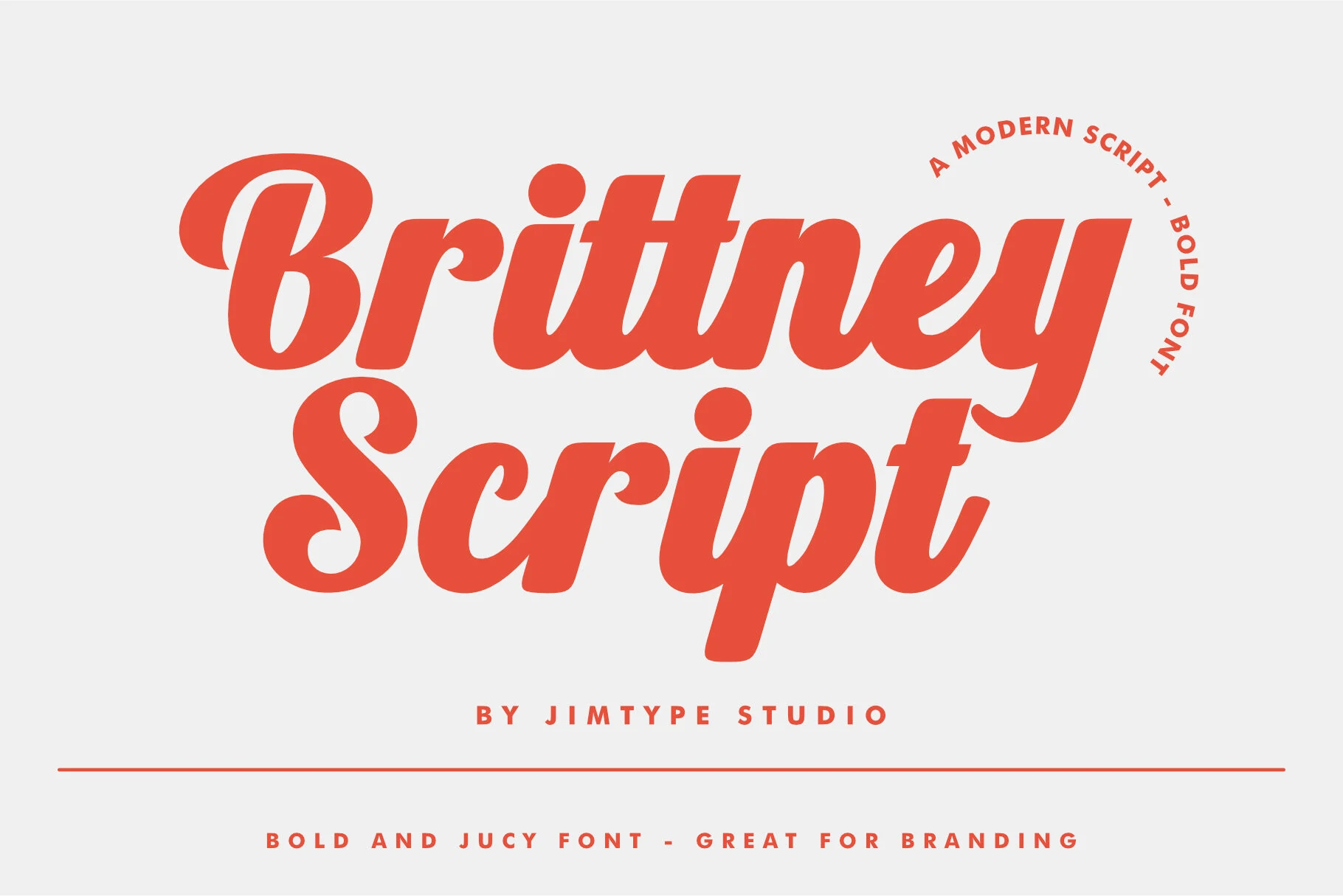 Brittney Script Font preview with bold coral script lettering and rounded heavy strokes