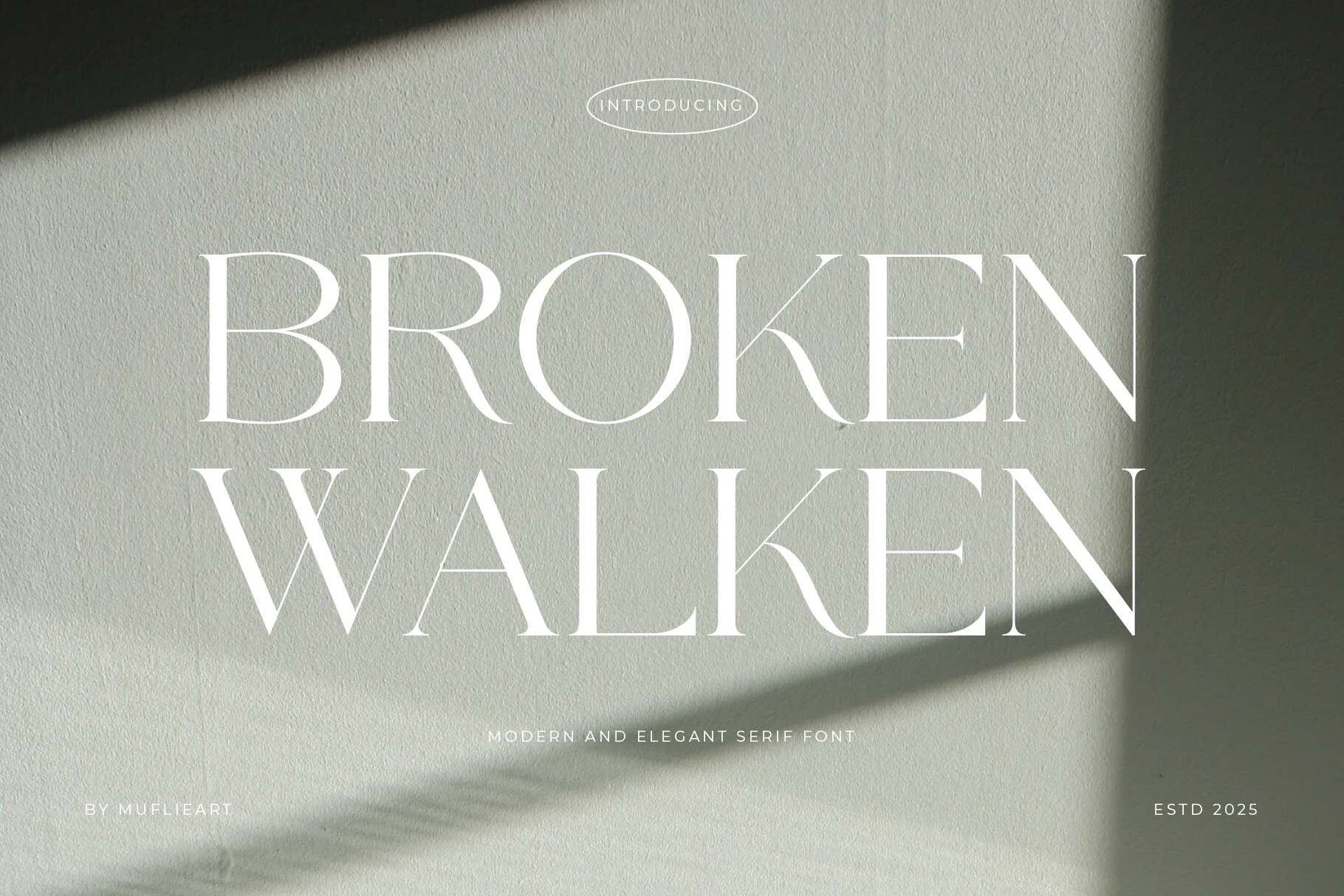 Broken Walken Font preview with tall white stencil serif capitals and sharp hairline details for premium branding