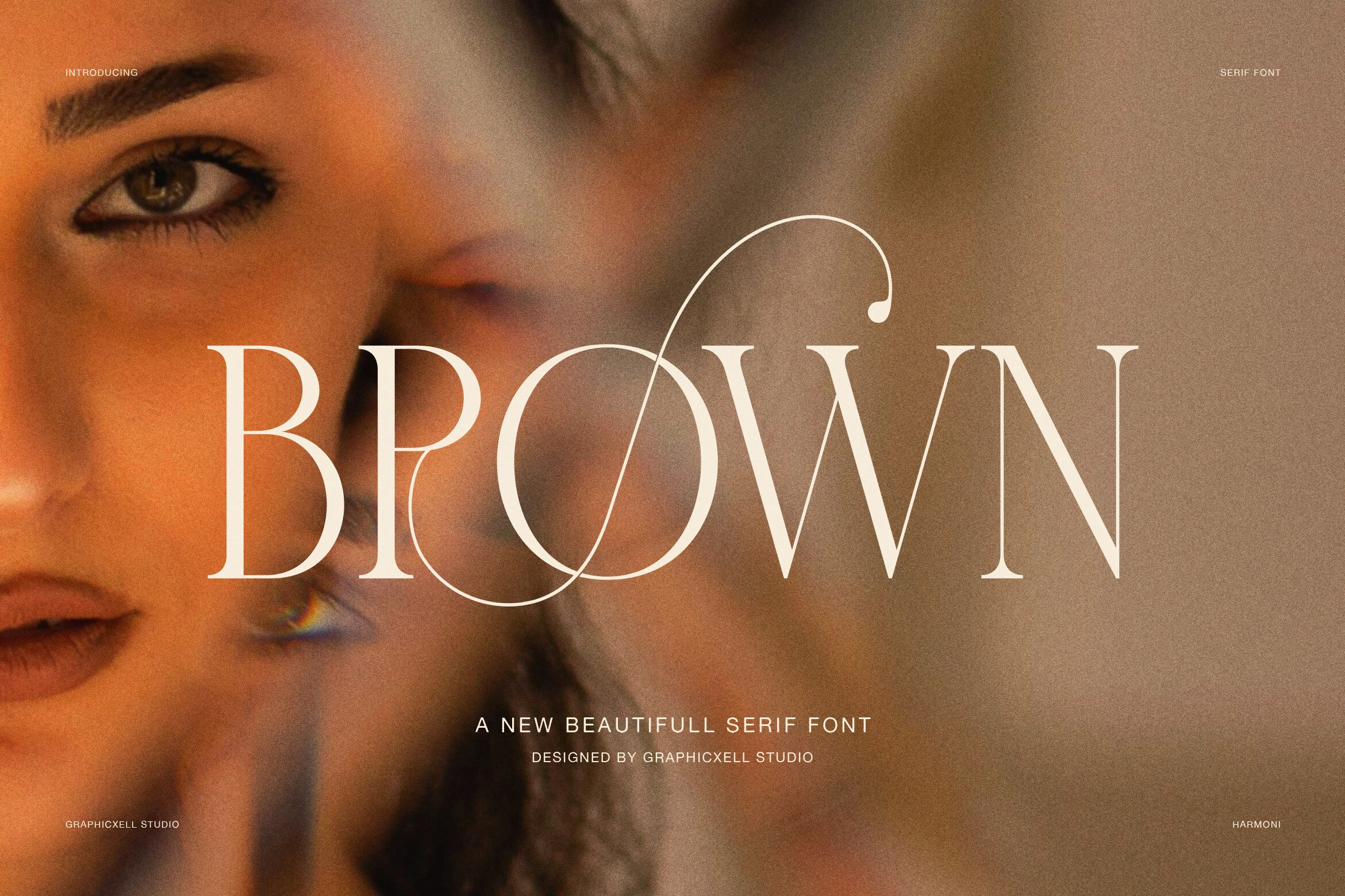 Brown Font preview with cream high-contrast serif lettering, flowing decorative swash, and refined curves for luxury branding