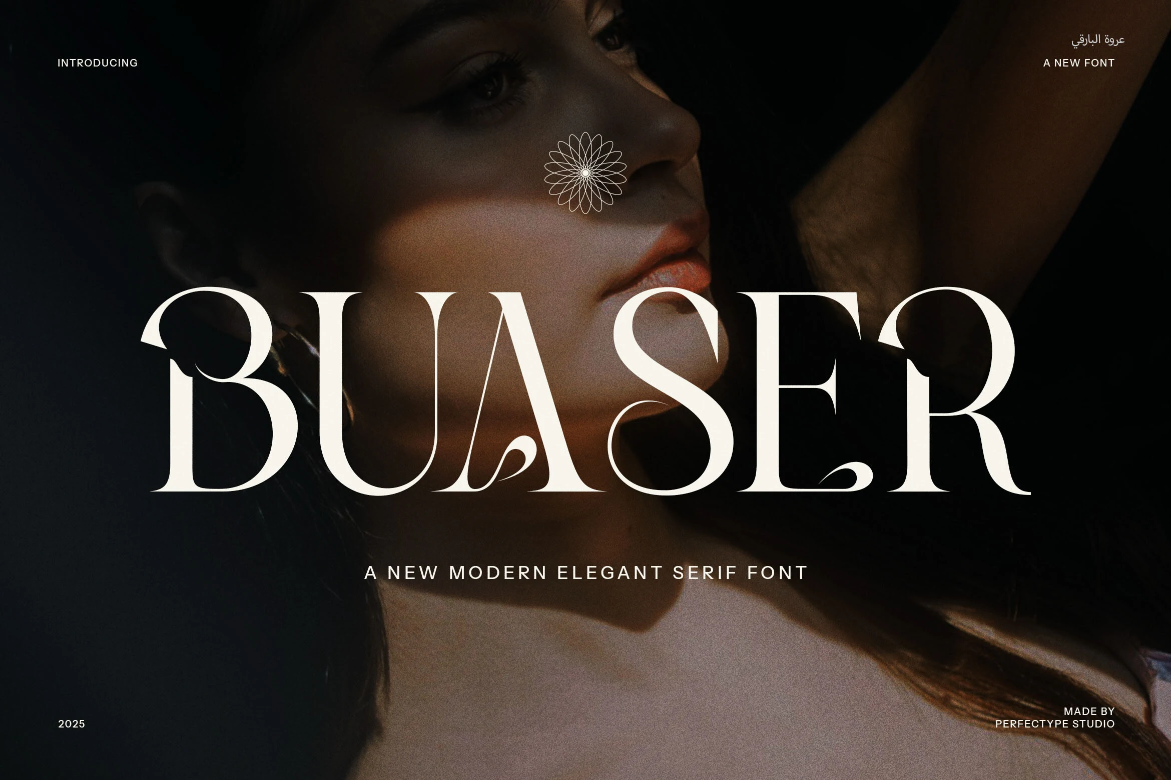 Buaser Font preview with white high-contrast serif lettering, sharp stems, and elegant swash details