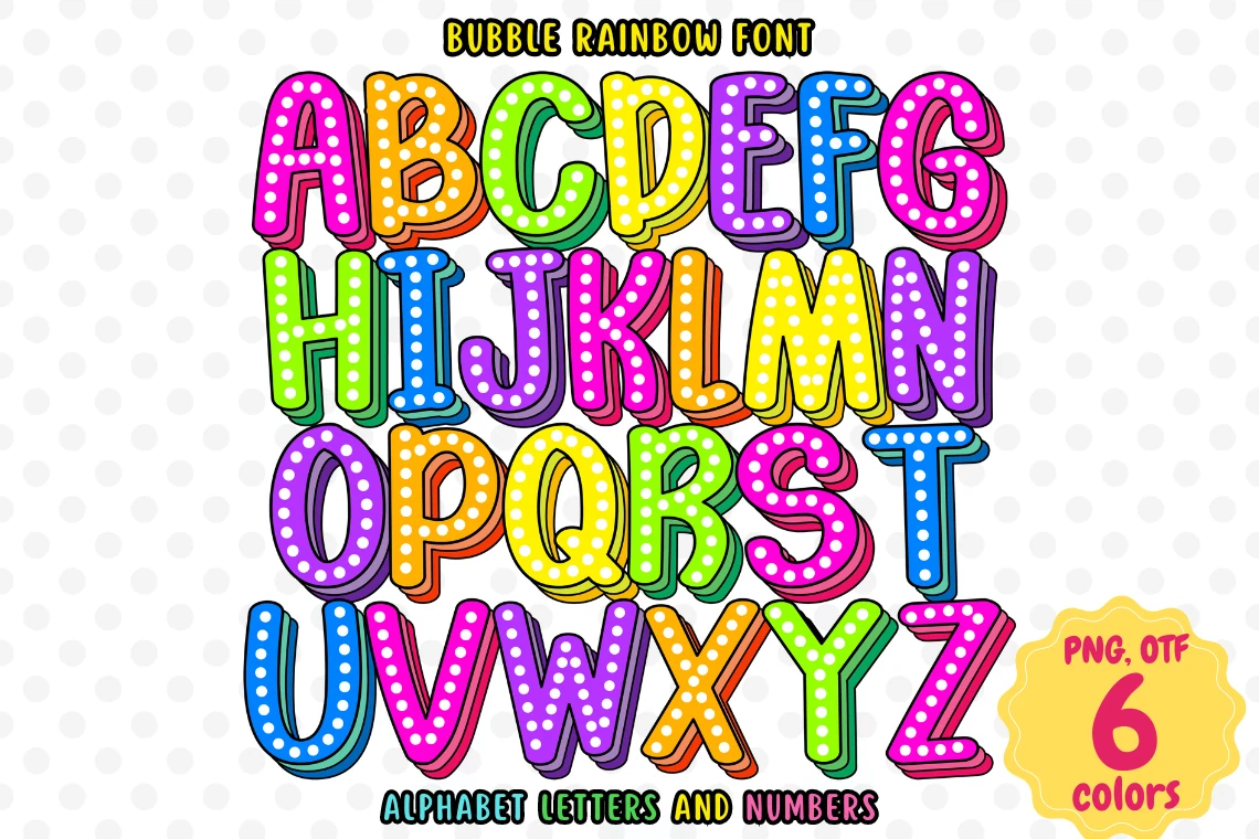 Bubble Rainbow Font preview with rainbow bubble letters, white polka dots, and bold outline